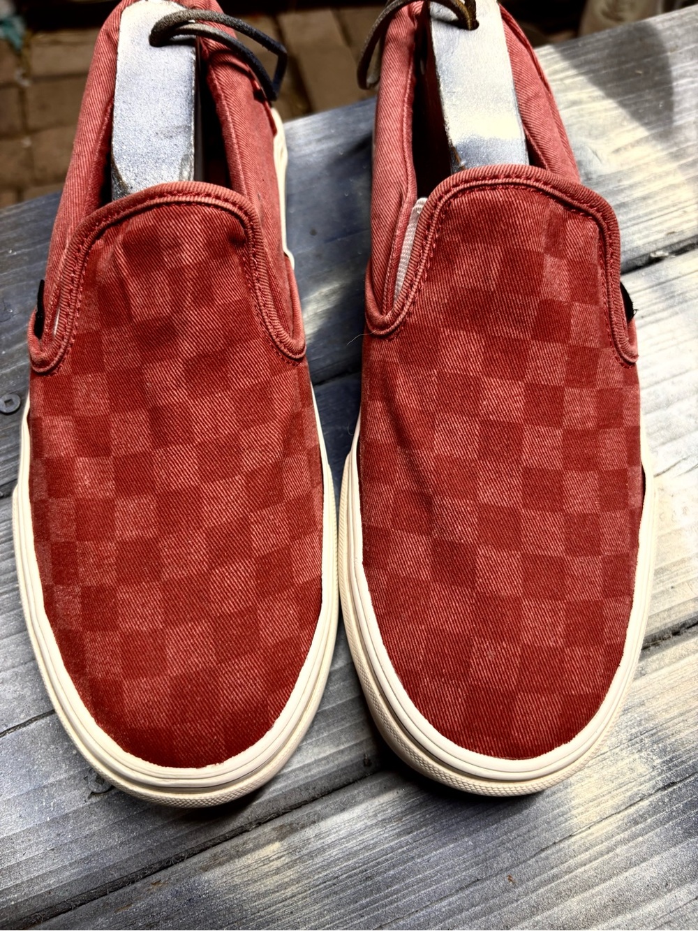 Vans slip on sneakers in red & burgundy with checkerboard pattern Womens 9